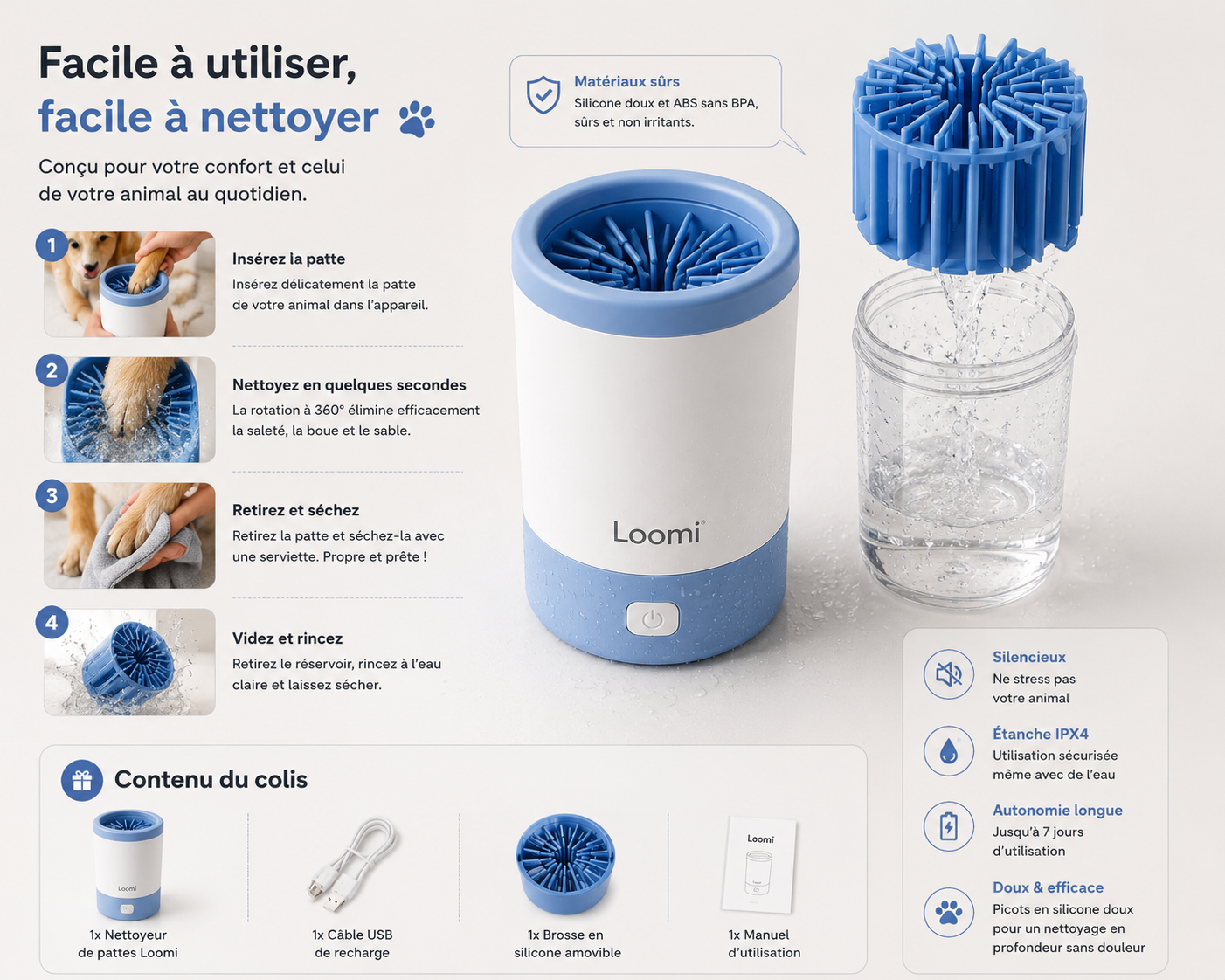 Loomi™ PawWash – Nettoyeur Électrique de Pattes pour Chien & Chat
