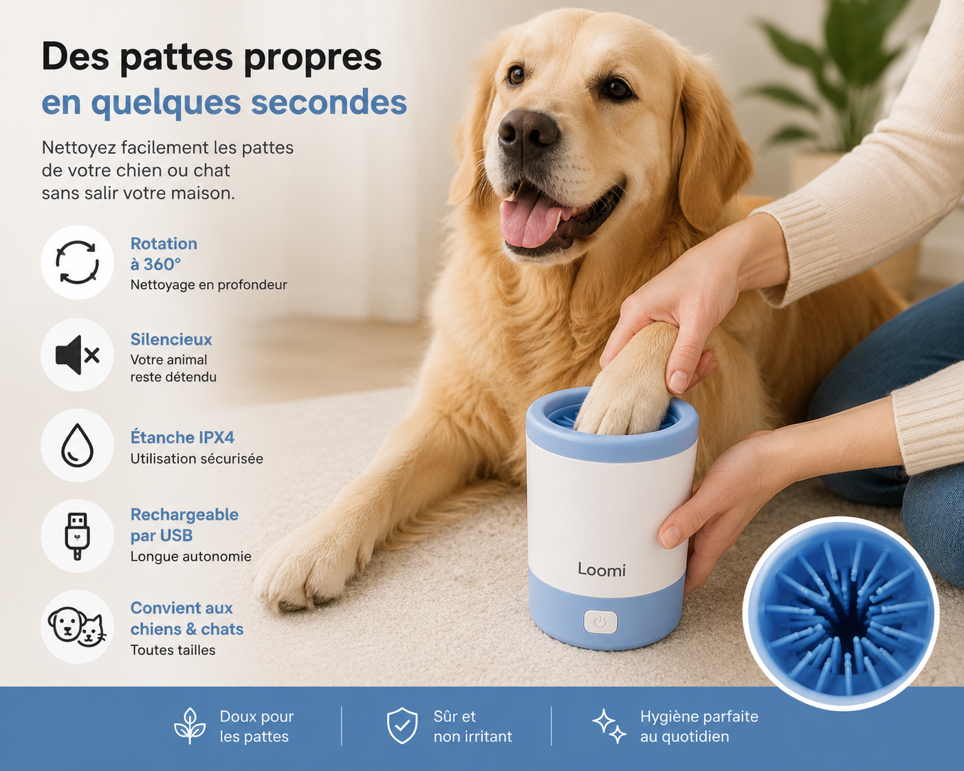 Loomi™ PawWash – Nettoyeur Électrique de Pattes pour Chien & Chat